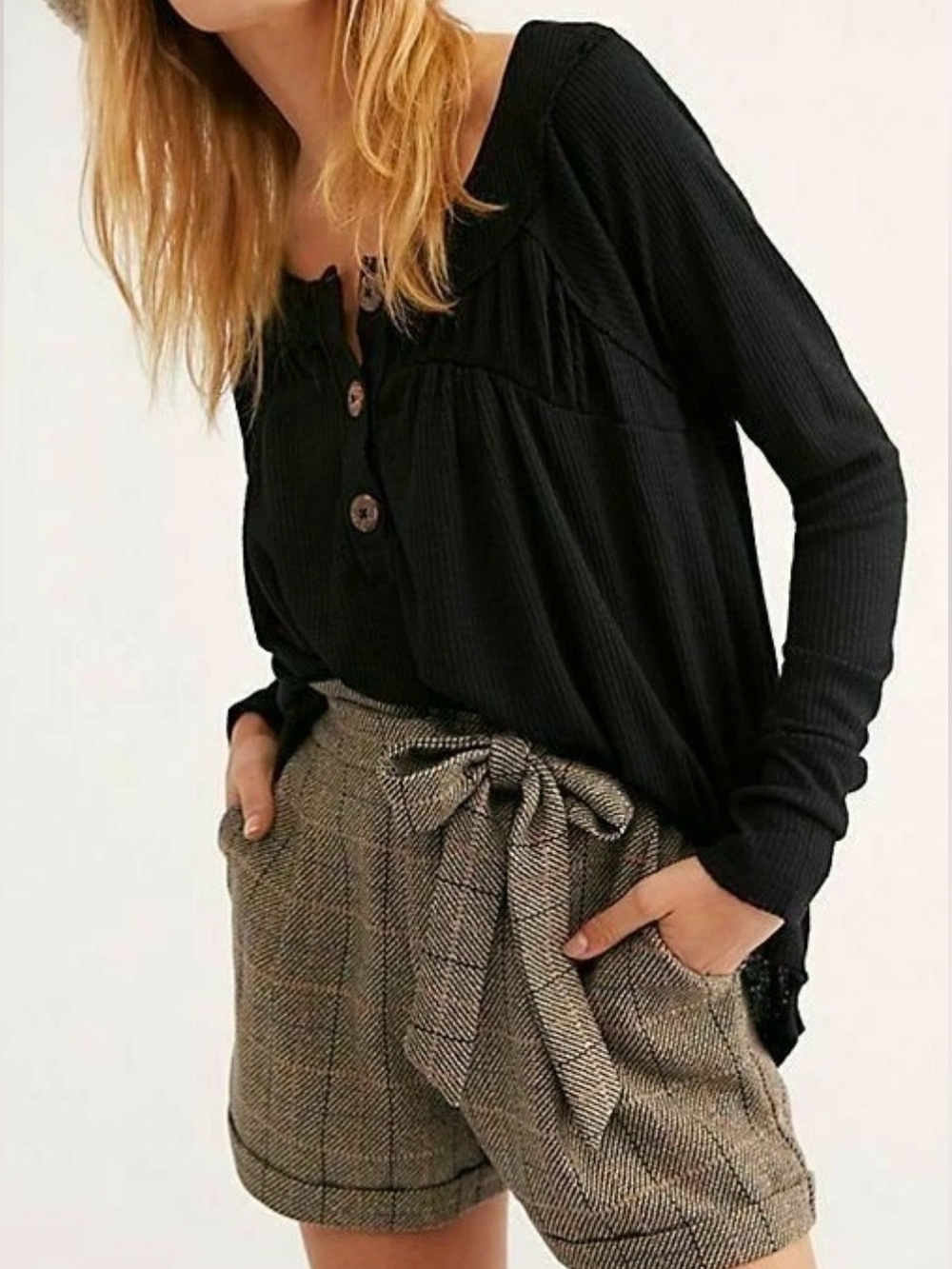 We The Free Black Large Button Henley Waffle Knit Long-Sleeve Tee - Size XS